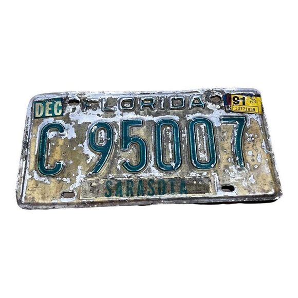 Vintage 1991 Florida Sarasota County License Plate Original Tag C 95007 Rustic - Picture 1 of 3
